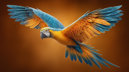 Colorful macaw in mid-flight with wings fully spread on golden background
