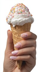 The image of a colorful ice cream cone with pink frosting and sprinkles, grasped by a hand with multicolored nails, conjures a sense of joyful summer indulgence