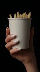 The hand is holding a white cup filled with crispy golden fries, a tasty and fresh snack commonly found in fast food