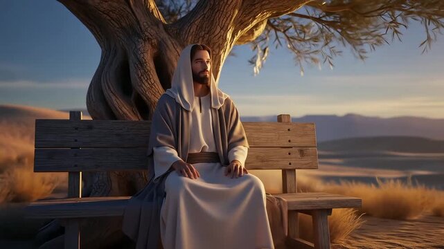 A pensive Jesus sitting on a wooden bench in a serene desert landscape at sunrise