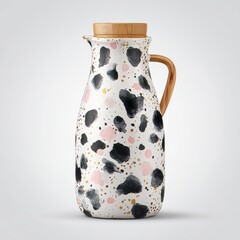 A rustic-style milk bottle with a watercolor finish, black spots, and a wooden lid, is completed by a carrying handle and unique artistic texture