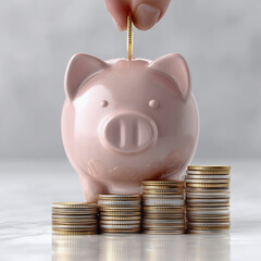 Hand placing coin in piggy bank beside stacks of money and scattered pennies
