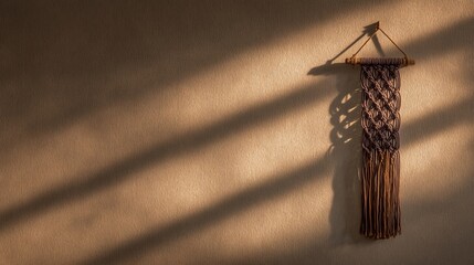 Against a wall with a textured cream finish, a bohemian macrame hanging is displayed