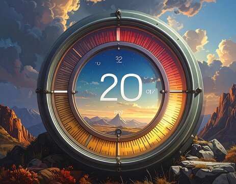 A futuristic digital clock with a scenic view