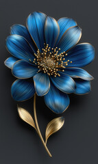 Detailed blue flower with golden leaves on dark background in 3D design
