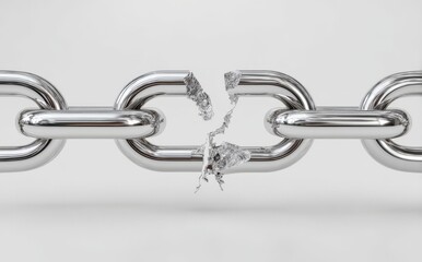 Supply chain disruption is symbolized by a broken metal chain link, which features a fractured steel and shattered connection, conceptually illustrating interruption and failure