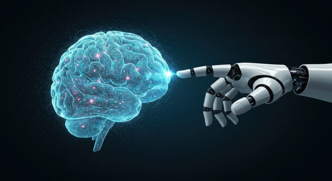 Robot hand touches glowing brain artificial intelligence concept on a dark background.