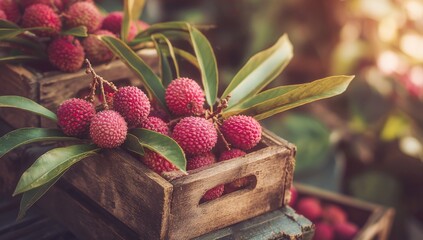 Processed agricultural goods, including fresh lychee fruit in wooden crates, are prepared for export and showcase a mix of vibrant colors and natural foliage