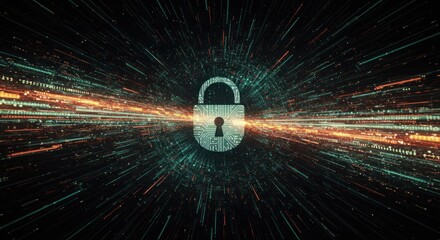 Padlock symbol in a digital network with light streaks against a dark background.