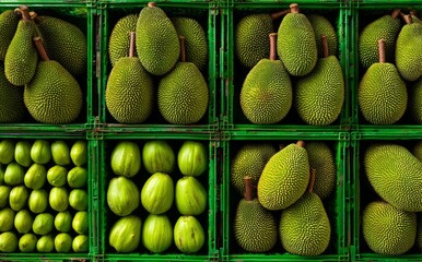 Processed agricultural products, including durian fruit in green plastic crates, are prepared for export with a fresh tropical harvest and vibrant yellow-green color on display in a market setting