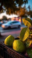 Fresh green guavas are packed into a plastic crate, ready to be exported along with other processed agricultural products, all on display in the market during the sunset