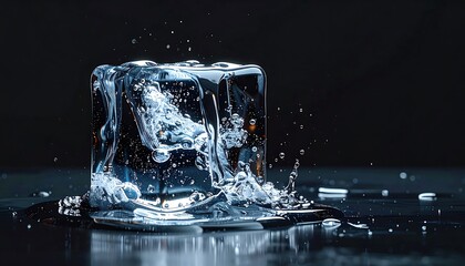 Ice cube melting, water splashes