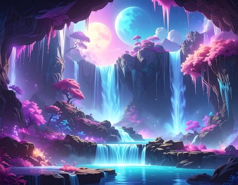 Magical cave with waterfall and vibrant colors