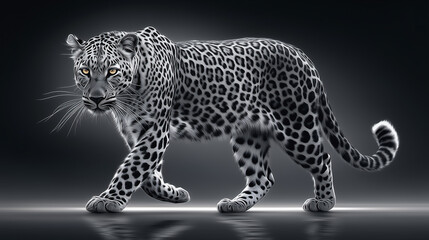 Fototapeta premium Snow leopard walking forward with moonlight glow in minimal studio lighting 