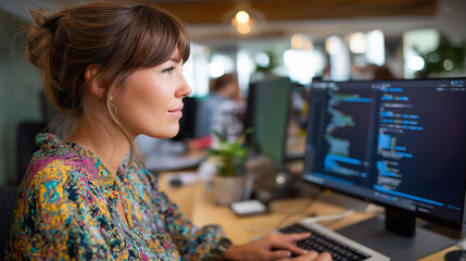 A female software engineer immersed in coding for a startup in a chic coworking space, women in software development, SaaS programming multi-screen, tech startup office, female cod