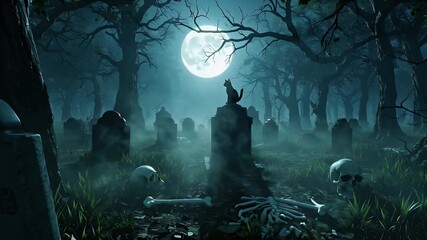 Spooky graveyard at night under a full moon. Foggy, dark forest surrounds a cemetery with tombstones, a black cat, and scattered skulls and bones - Powered by Adobe