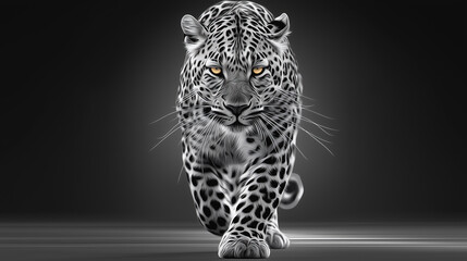 Snow leopard walking forward with moonlight glow in minimal studio lighting
