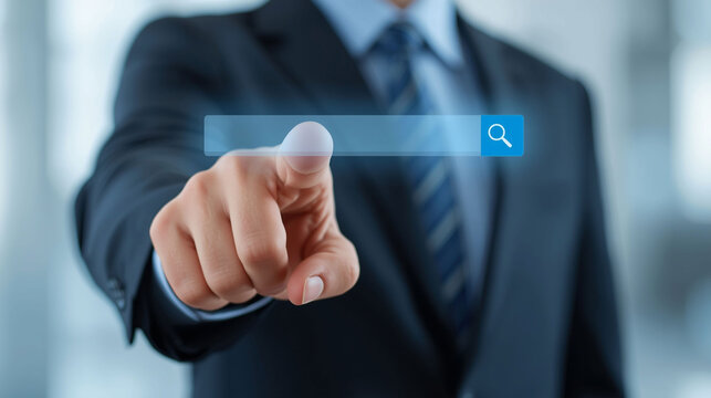 A Business Person Tapping a Search Bar to Find Information Online

