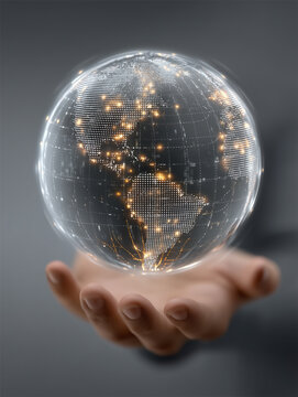 Hand holding a glowing digital globe showing illuminated global network
