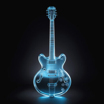 Futuristic glowing electric guitar in neon blue on dark background symbolizing digital music innovation