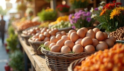 Fresh farm eggs fill rustic wicker baskets at sunny farmers market stall. Colorful flowers, natural produce surround authentic organic shopping atmosphere. Small business farm stand offers healthy