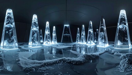 Ice sculptures in a dark, reflective space