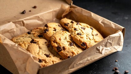 Chocolate chip cookies in a brown box