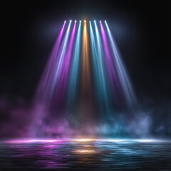 Vibrant colored spotlights cast dramatic beams through mist on dark stage
