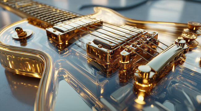 Close-up of transparent electric guitar with gleaming gold components
