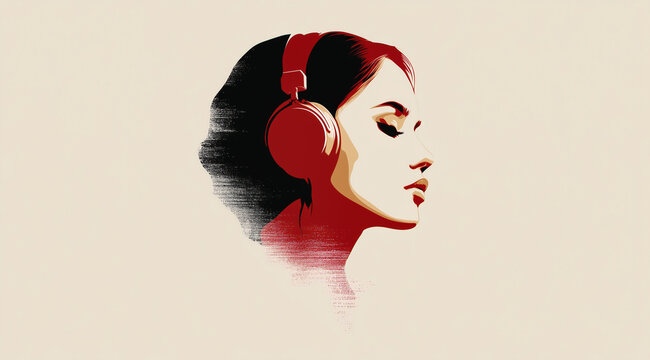 Stylized portrait of woman in red headphones listening to music peacefully
