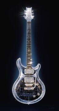 Electric guitar encrusted with sparkling crystals and golden hardware glowing with light