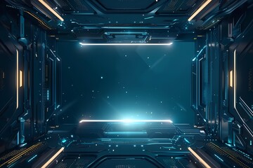 A digital art composition featuring a futuristic, high-tech design with a focus on glowing lights against a dark blue background.
