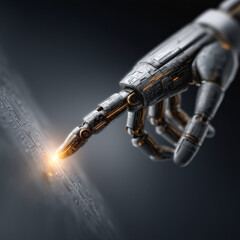 Robot finger touching digital surface with glowing point of contact
