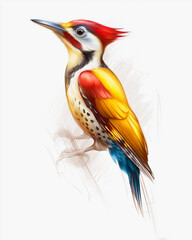 Colorful woodpecker bird perched in sketch-style artistic illustration
