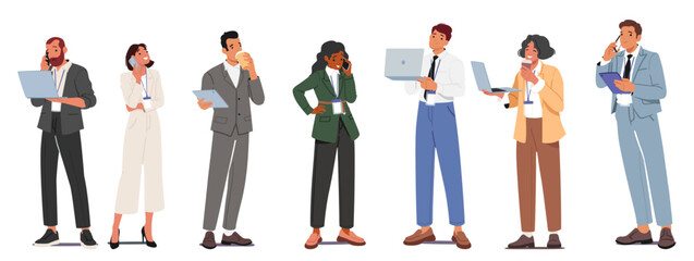 Busy businesspeople enjoying daily job routine using modern technology for communication set