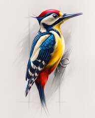 Colorful woodpecker bird perched in sketch-style artistic illustration
