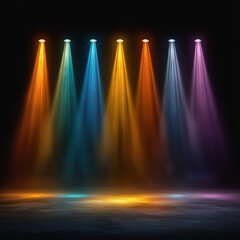 Vibrant colored spotlights cast dramatic beams through mist on dark stage

