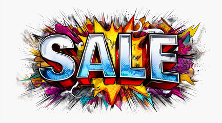 Comic style SALE explosion design with vibrant graffiti pop art elements

