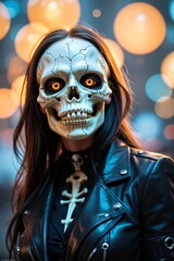 Mysterious Woman with Skull Mask Under Soft Ambient Lights