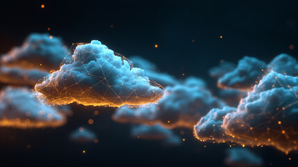 A digital cloud with blue lighting symbolizes data transfer, computing, and futuristic technology concepts on a sleek dark background.