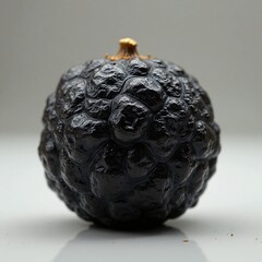 Unique spherical black fruit with textured surface on gray background