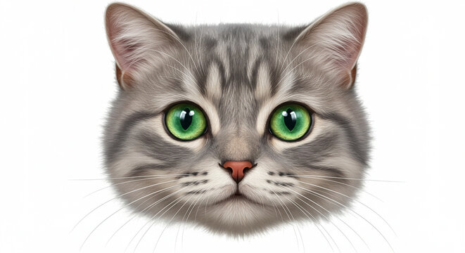 Stunning Close-Up Portrait of a Gray Cat with Vibrant Green Eyes: A High-Resolution Digital Painting Perfect for Pet Lovers, Veterinarian Offices, and Animal-Themed Designs. The image showcases in... - Powered by Adobe