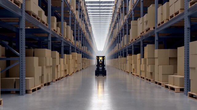 Cinematic warehouse interior with endless aisles of tall metal racks stacked with kraft boxes on pallets. Bright LED panels, polished concrete floor, haze, and a small electric forklift at the vanishi