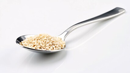 Close-Up of Spoon with Sesame Seeds on White Background