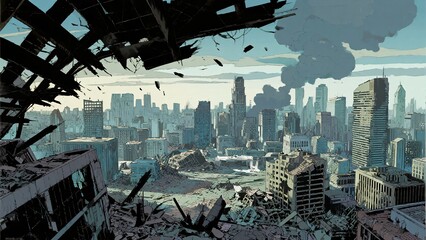 Urban Ruins Landscape with Destruction and Smoke in a Dystopian Setting