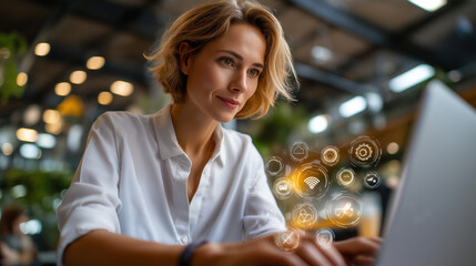 Short-haired woman managing projects on a laptop in a modern office, AR social media icons floating above her screen, augmented reality project management, IoT office connectivity,