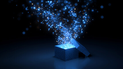 An open digital gift box releasing glowing blue stars that fly upward, symbolizing surprise, celebration, and festivity.