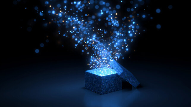 An open digital gift box releasing glowing blue stars that fly upward, symbolizing surprise, celebration, and festivity.