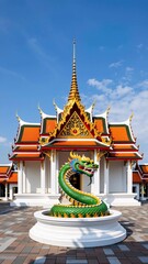 Majestic Temple with Colorful Dragon Statue under Clear Blue Sky