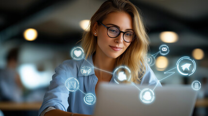 Beautiful project manager working on a computer in a sleek office, augmented reality social media icons hovering from her laptop, project manager AR technology, social media connec